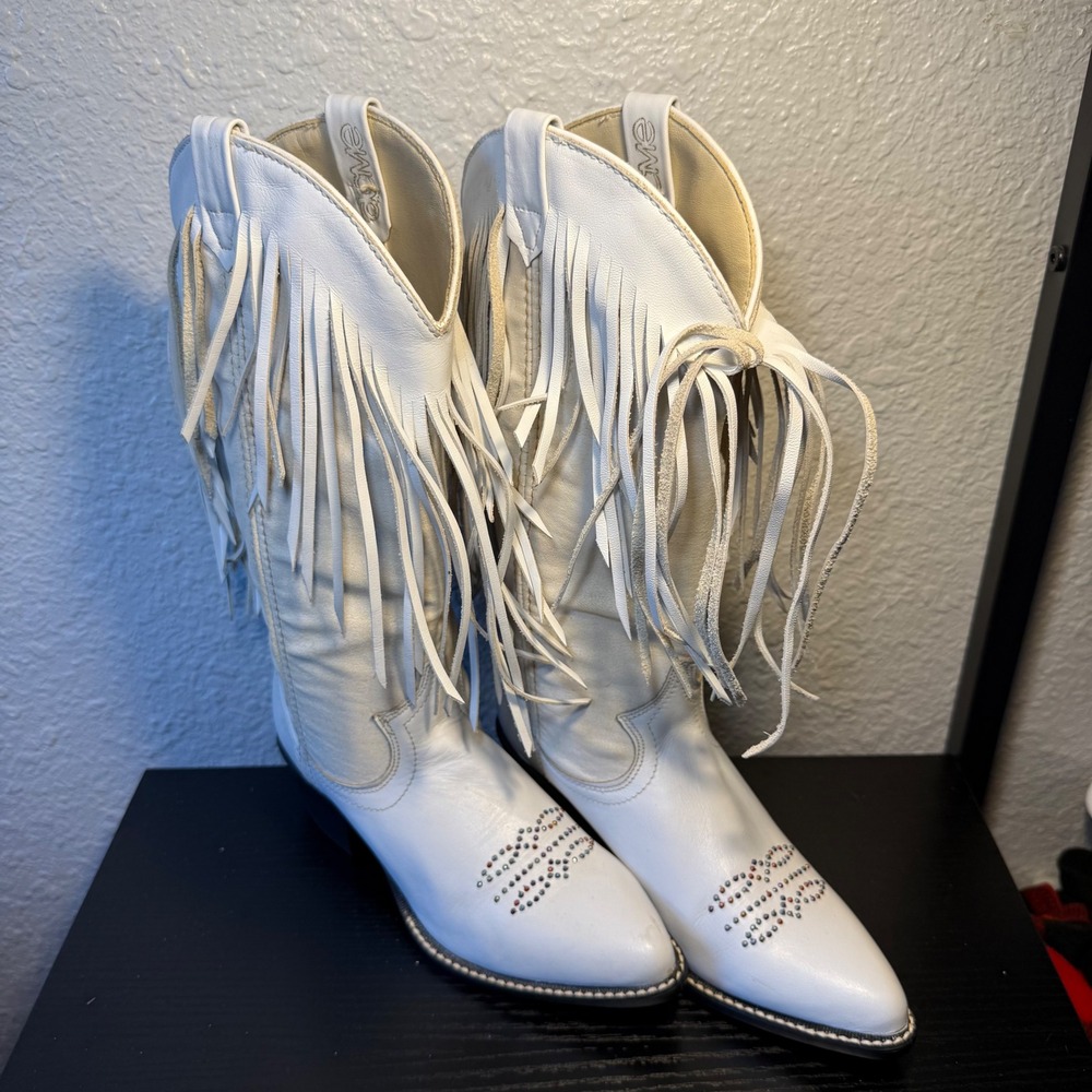 VTG ACME‎ White Fringe Leather Western Cowgirl Boots Womens 5.5  Embellished USA